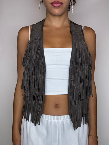 Gilet à franges brun en daim S/M vintage