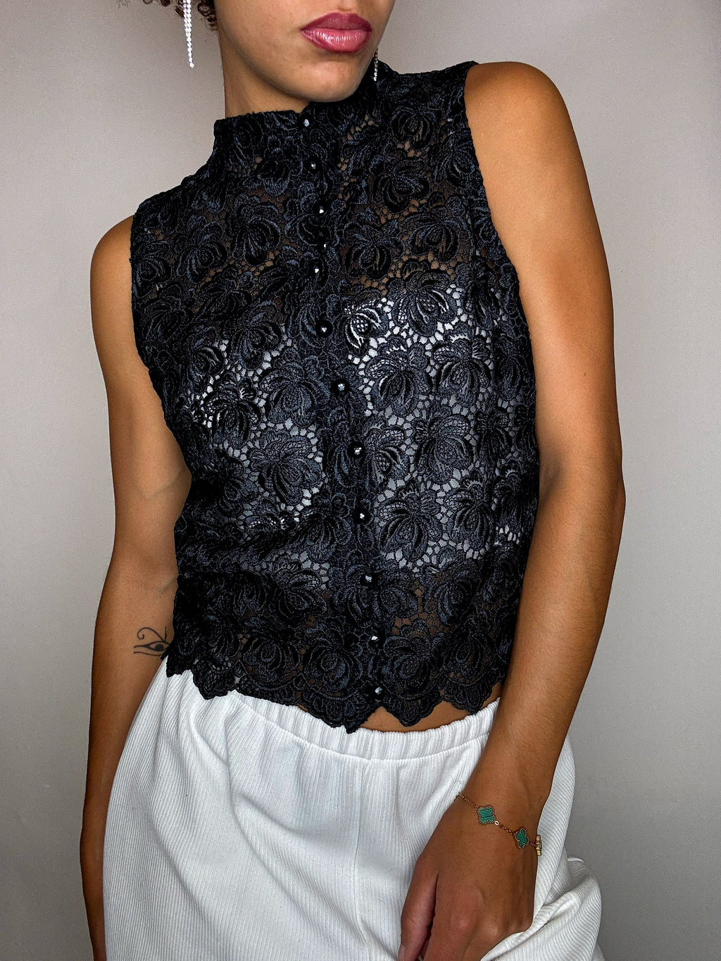 Vintage schwarze Spitzenbluse, Größe S