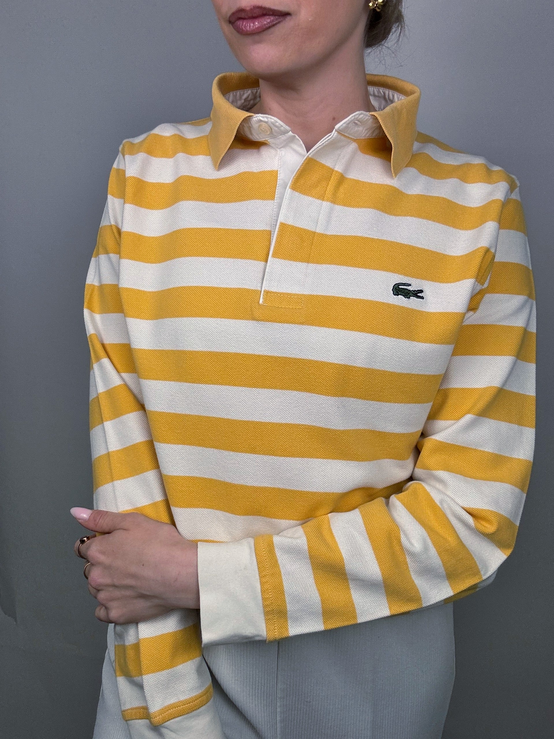 Polo manches longues rayé jaune et blanc LACOSTE M Vintage