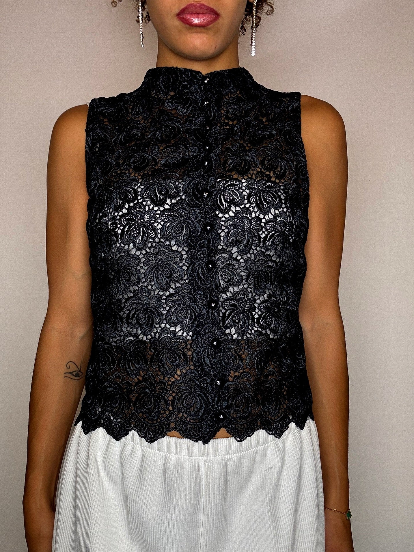 Vintage schwarze Spitzenbluse, Größe S