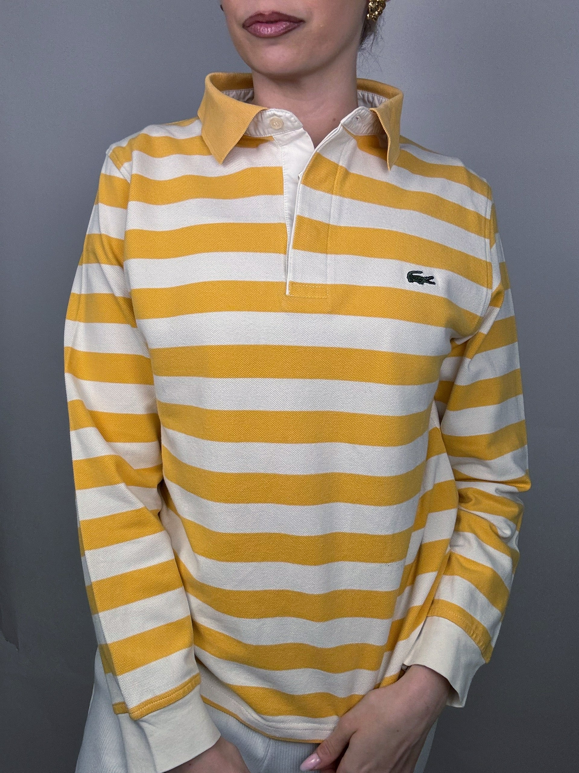 Polo manches longues rayé jaune et blanc LACOSTE M Vintage