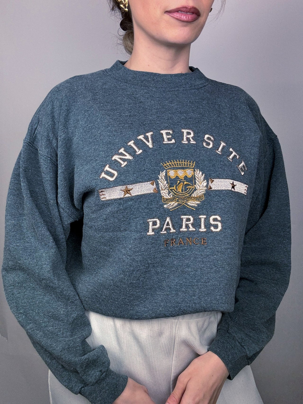 Vintage L graues Rundhals-Sweatshirt