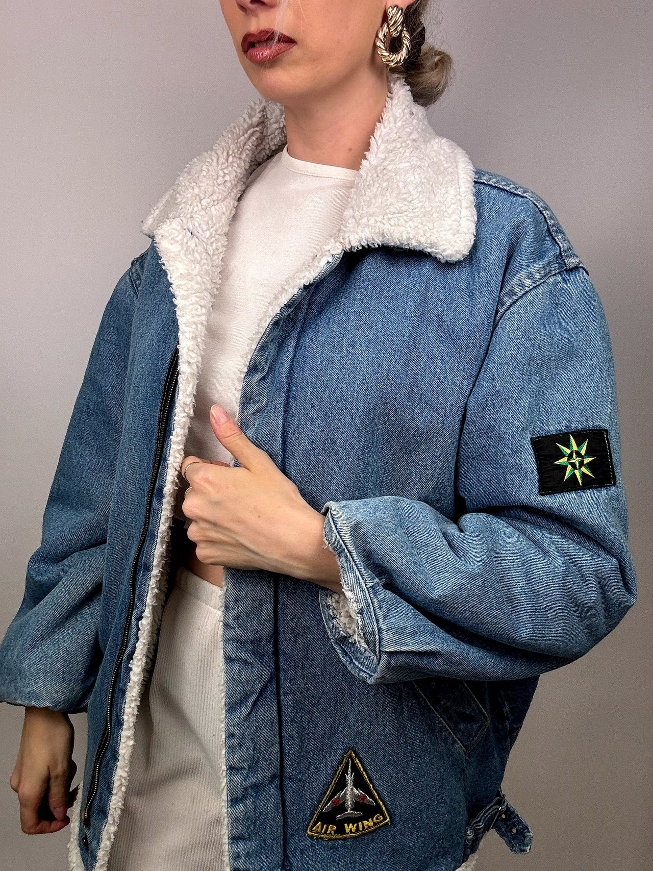 Veste en denim fourrée en bouclette vintage