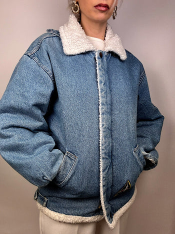 Veste en denim fourrée en bouclette vintage