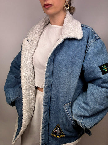 Veste en denim fourrée en bouclette vintage