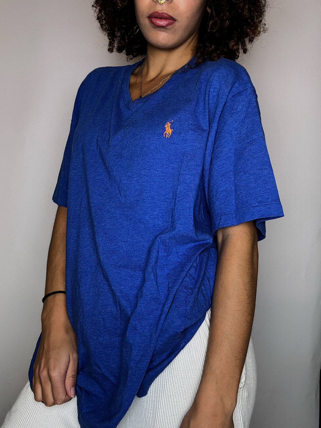 RALPH LAUREN XL Vintage blaues V-Ausschnitt-T-Shirt