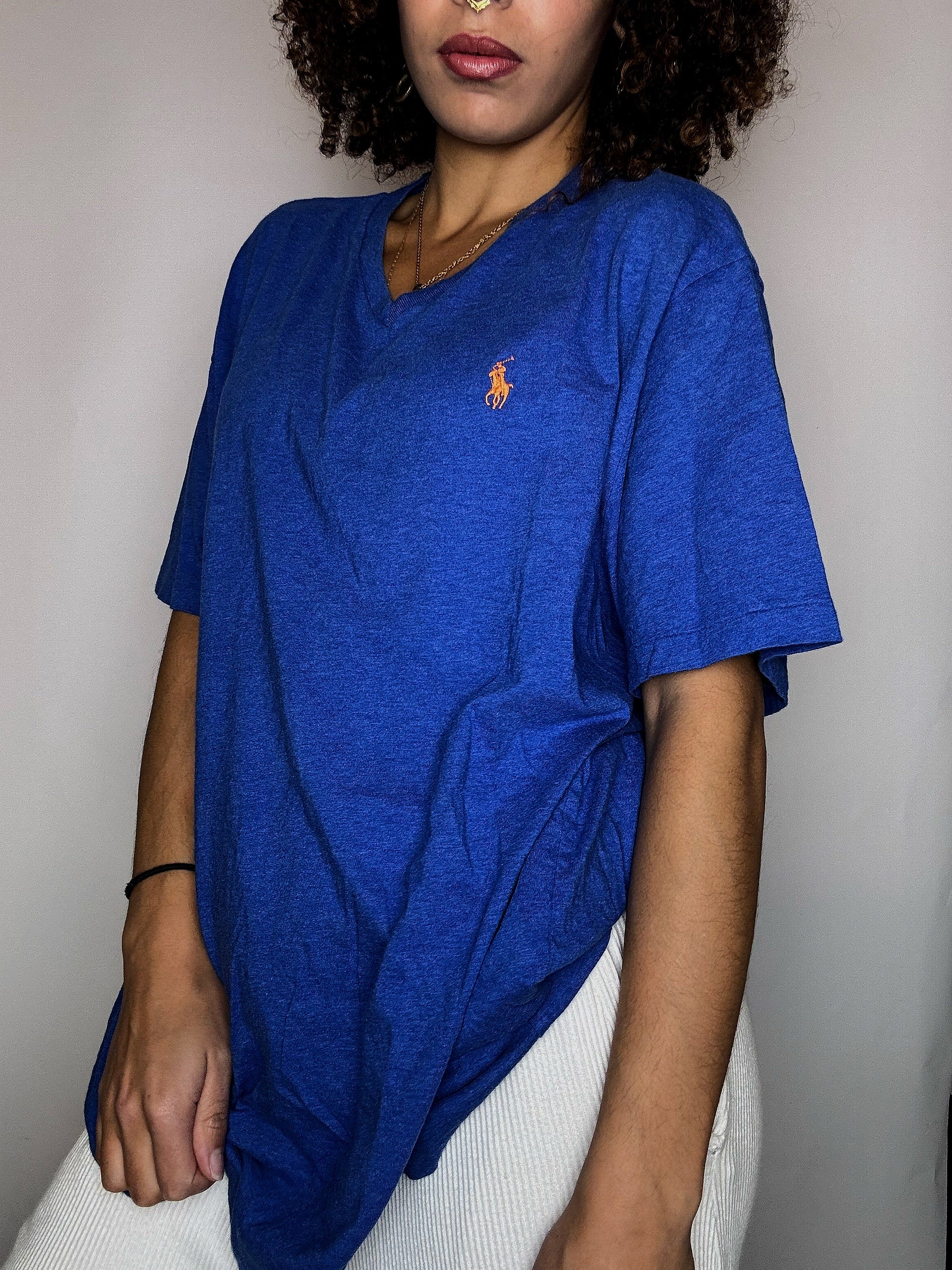 RALPH LAUREN XL Vintage blaues V-Ausschnitt-T-Shirt