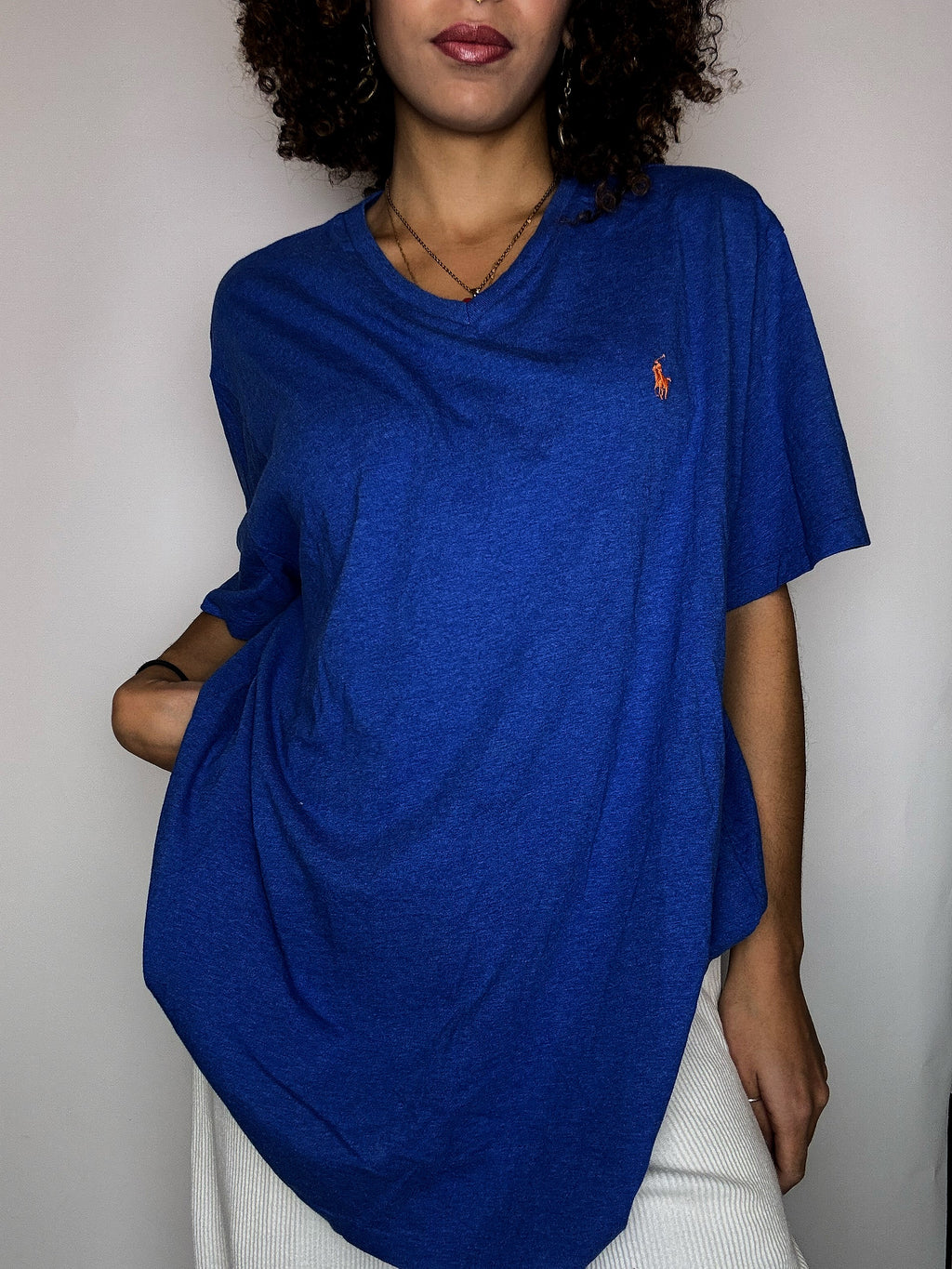 RALPH LAUREN XL Vintage blaues V-Ausschnitt-T-Shirt