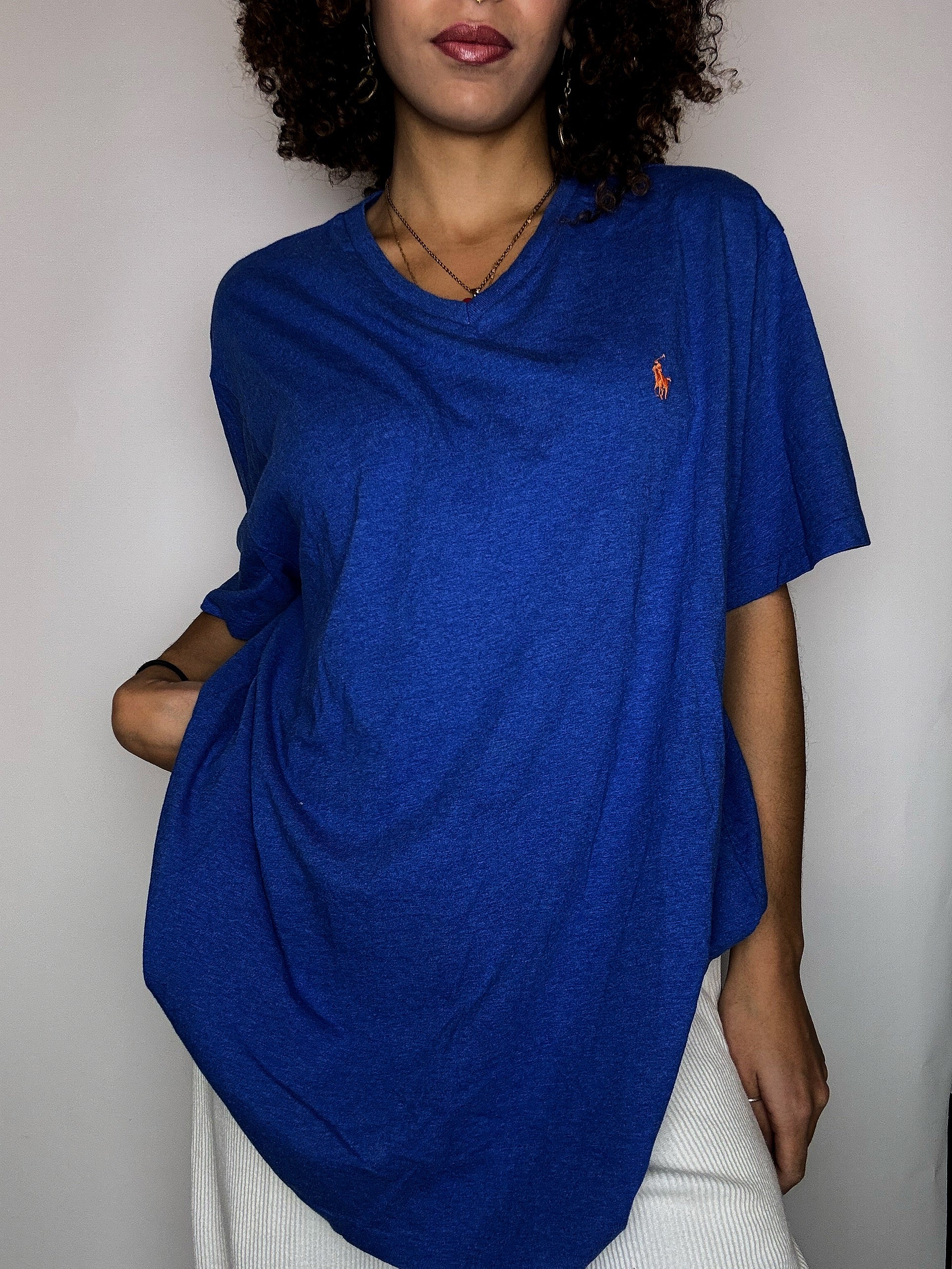 RALPH LAUREN XL Vintage blaues V-Ausschnitt-T-Shirt
