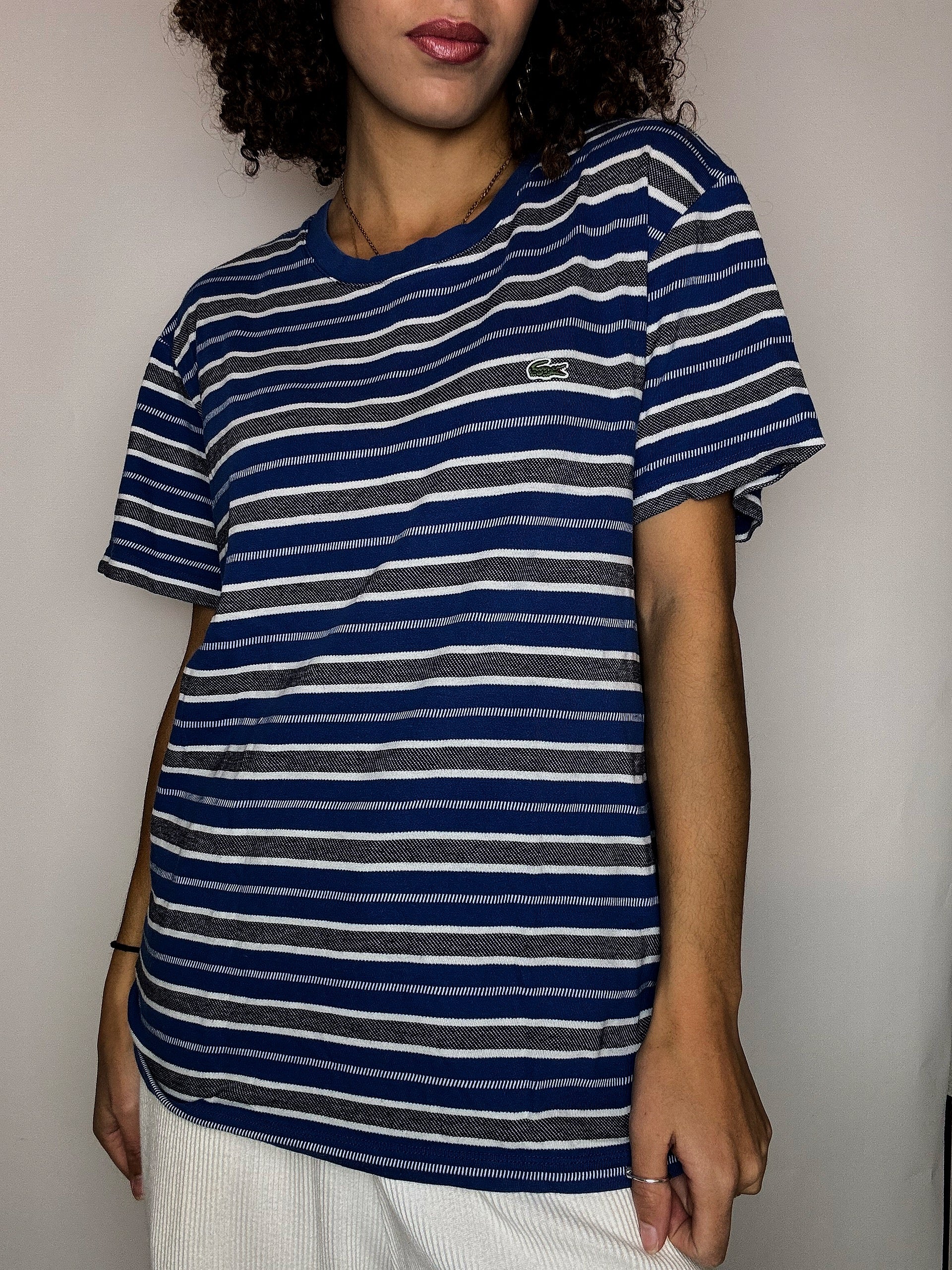 Tee shirt col rond à rayures marine LACOSTE L vintage