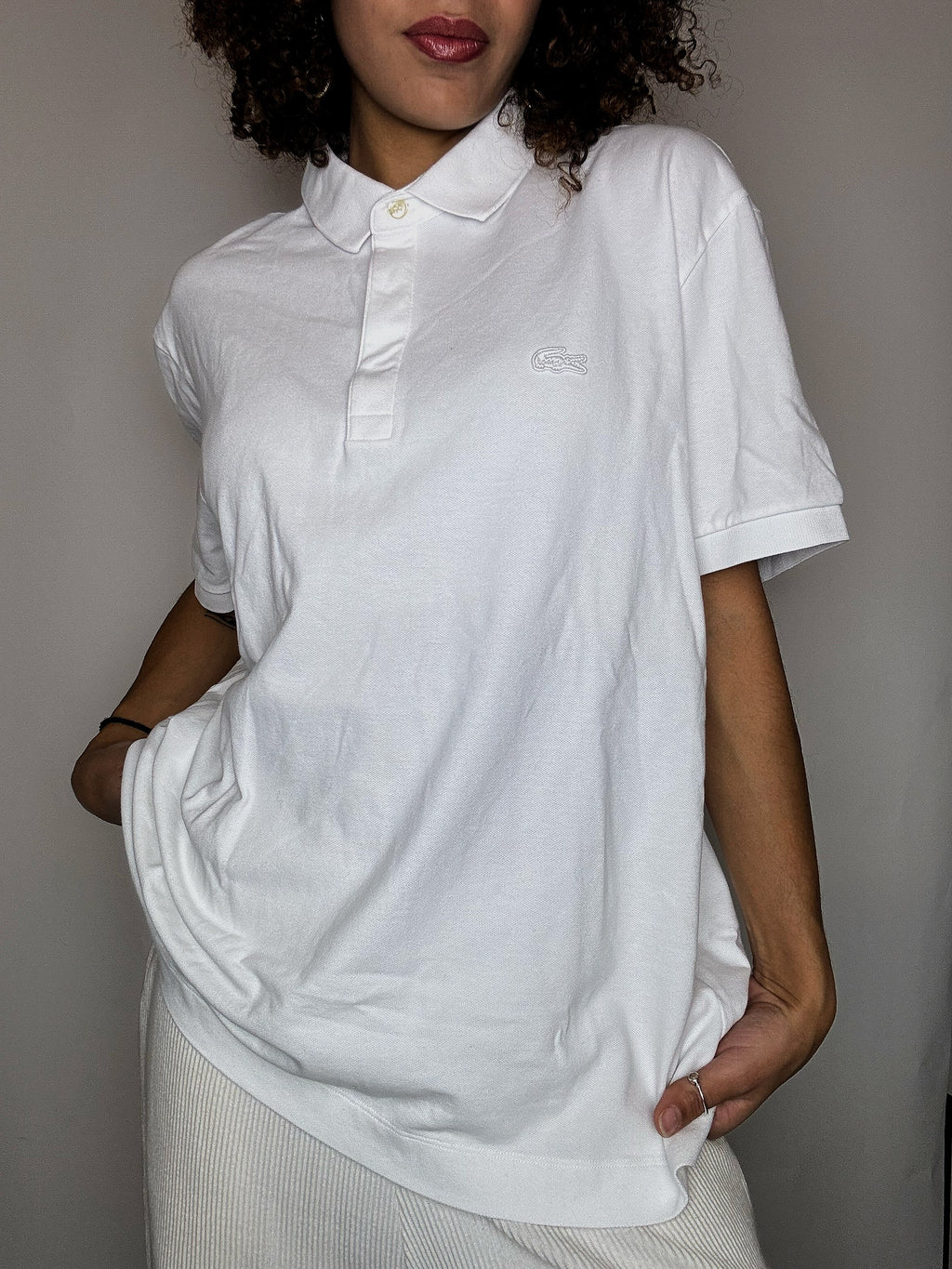 Lacoste Vintage-Poloshirt, weiß, kurzärmelig, Größe XL.
