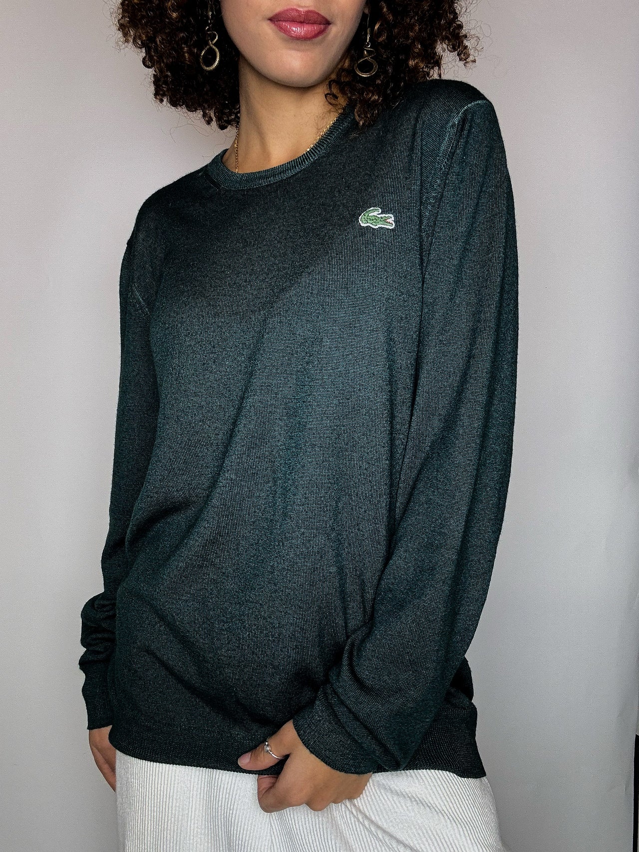 Pull col rond vert bouteille LACOSTE M vintage