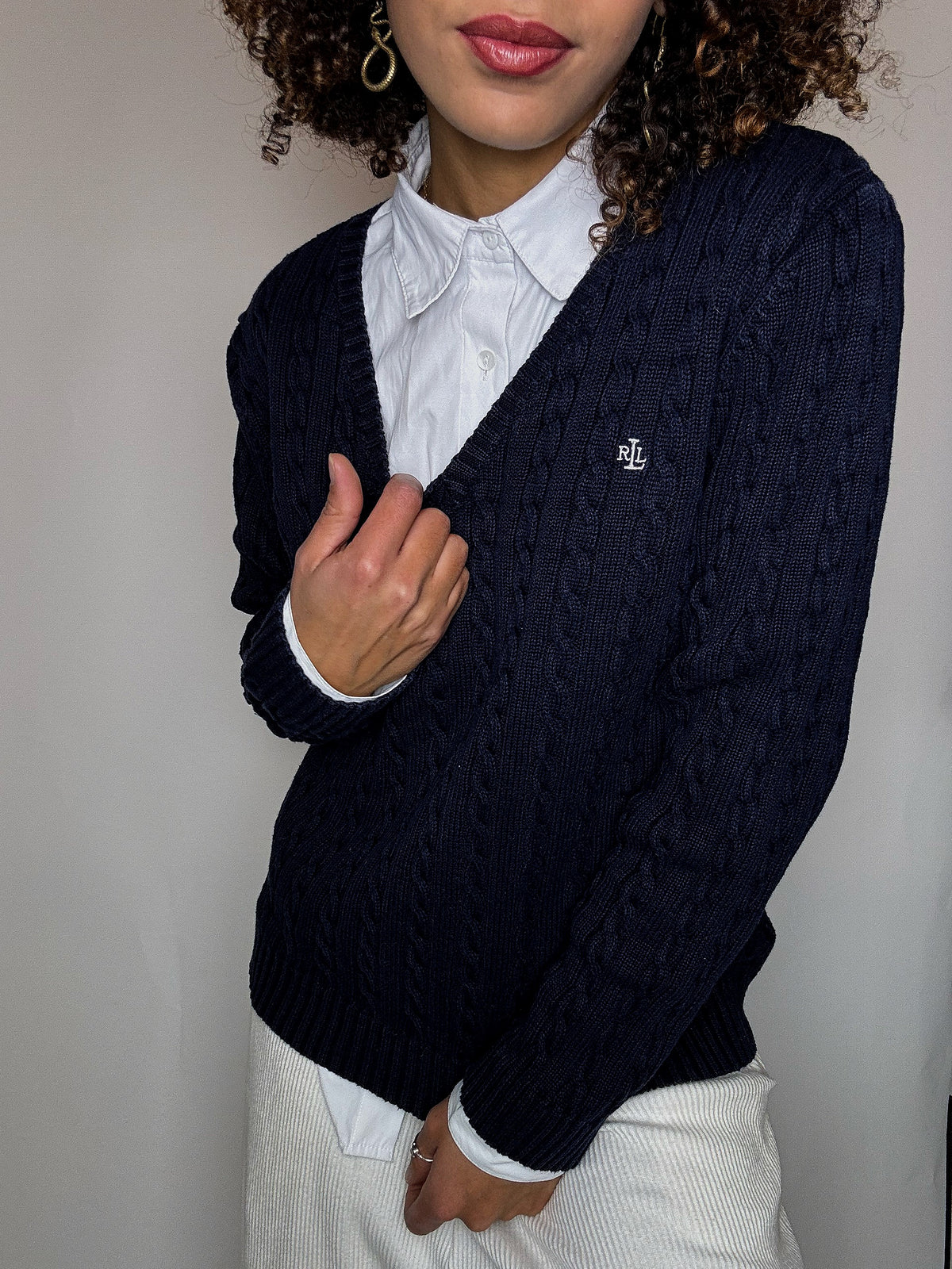 Pull col V en maille tressée marine RALPH LAUREN M vintage