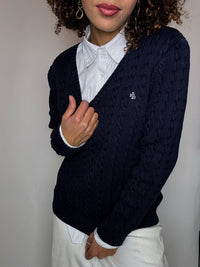 Pull col V en maille tressée marine RALPH LAUREN M vintage