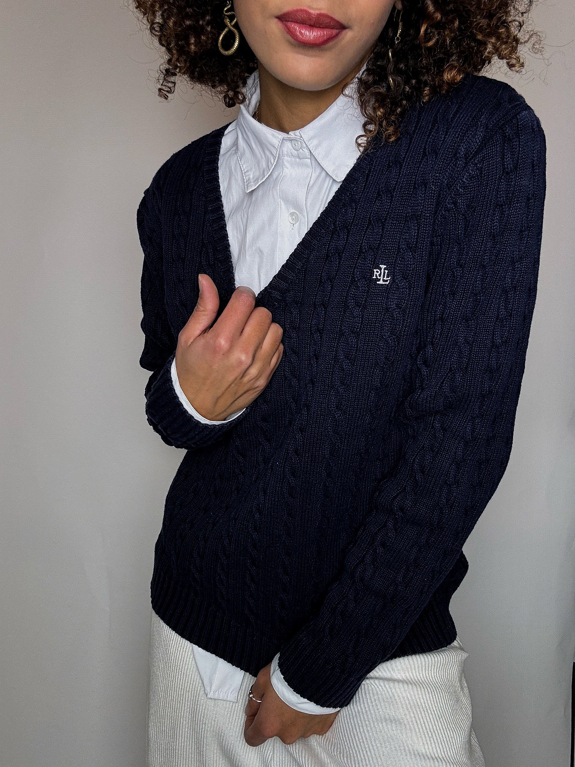 Pull col V en maille tressée marine RALPH LAUREN M vintage
