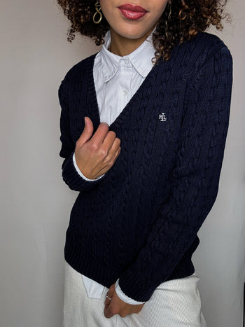 Pull col V en maille tressée marine RALPH LAUREN M vintage
