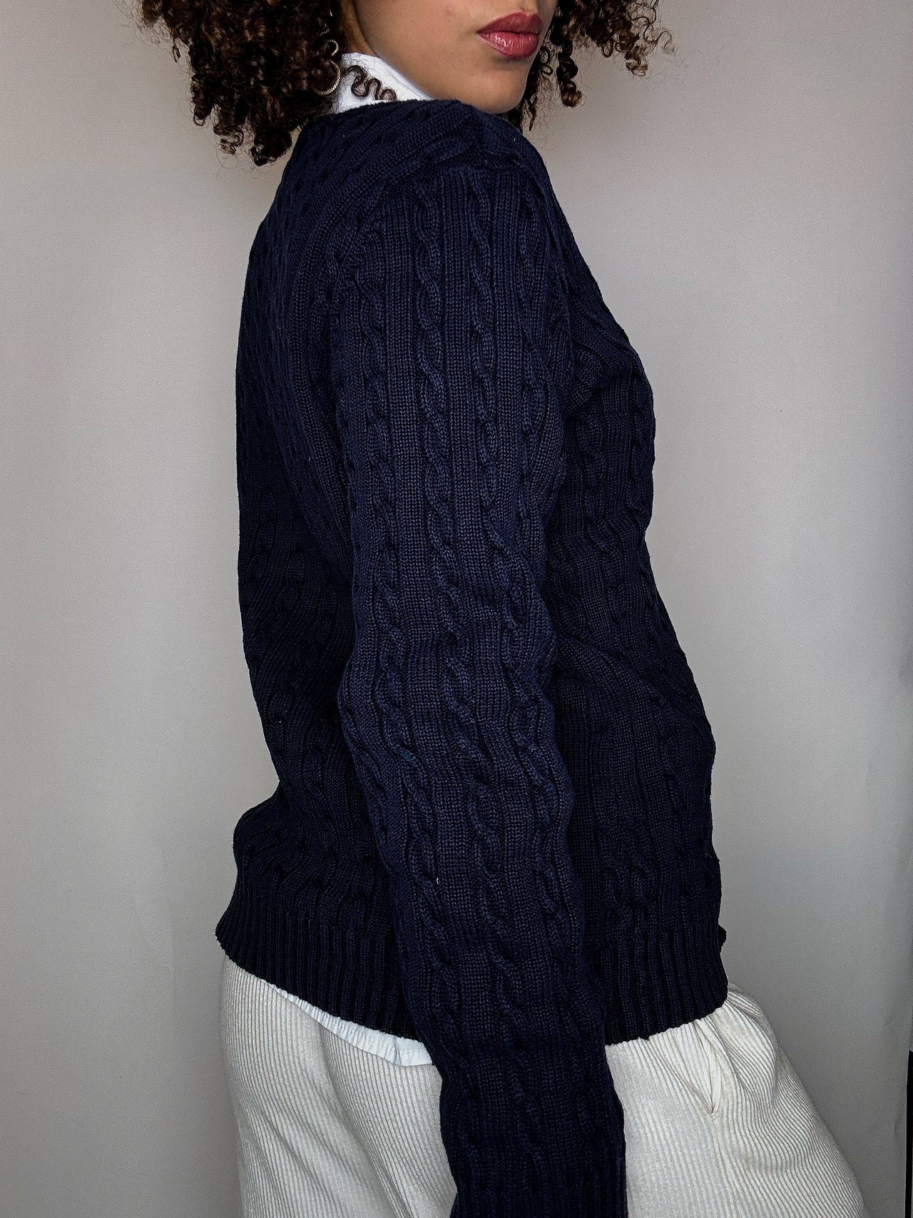 Pull col V en maille tressée marine RALPH LAUREN M vintage