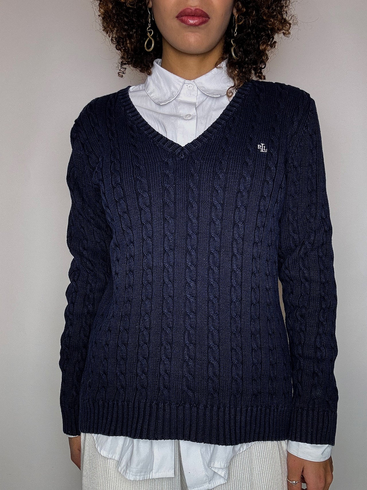 Pull col V en maille tressée marine RALPH LAUREN M vintage