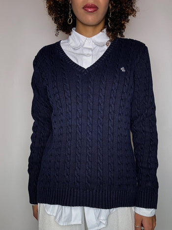 Pull col V en maille tressée marine RALPH LAUREN M vintage