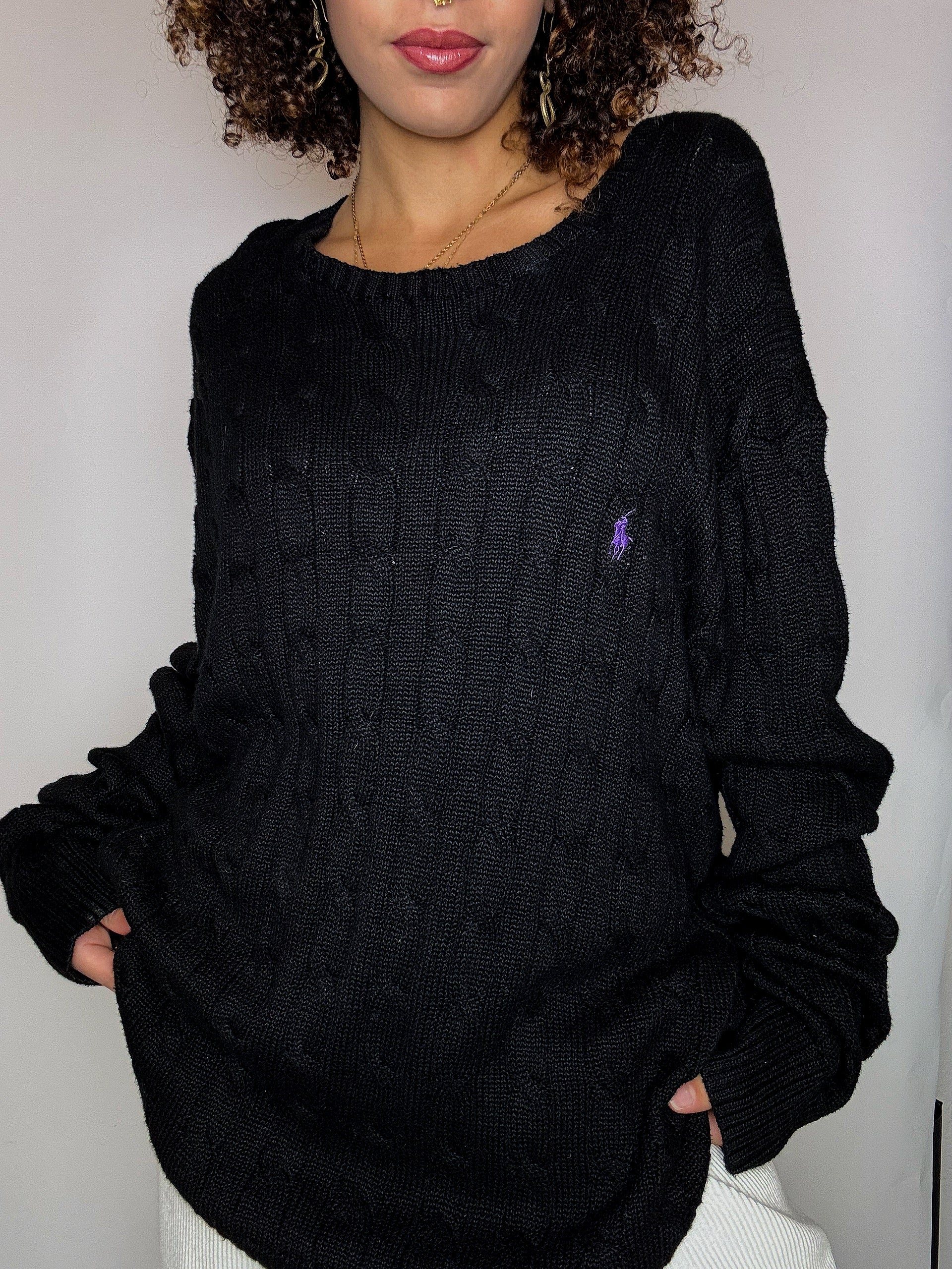 Pull tressé noir RALPH LAUREN XXL vintage