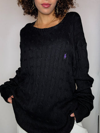 Pull tressé noir RALPH LAUREN XXL vintage