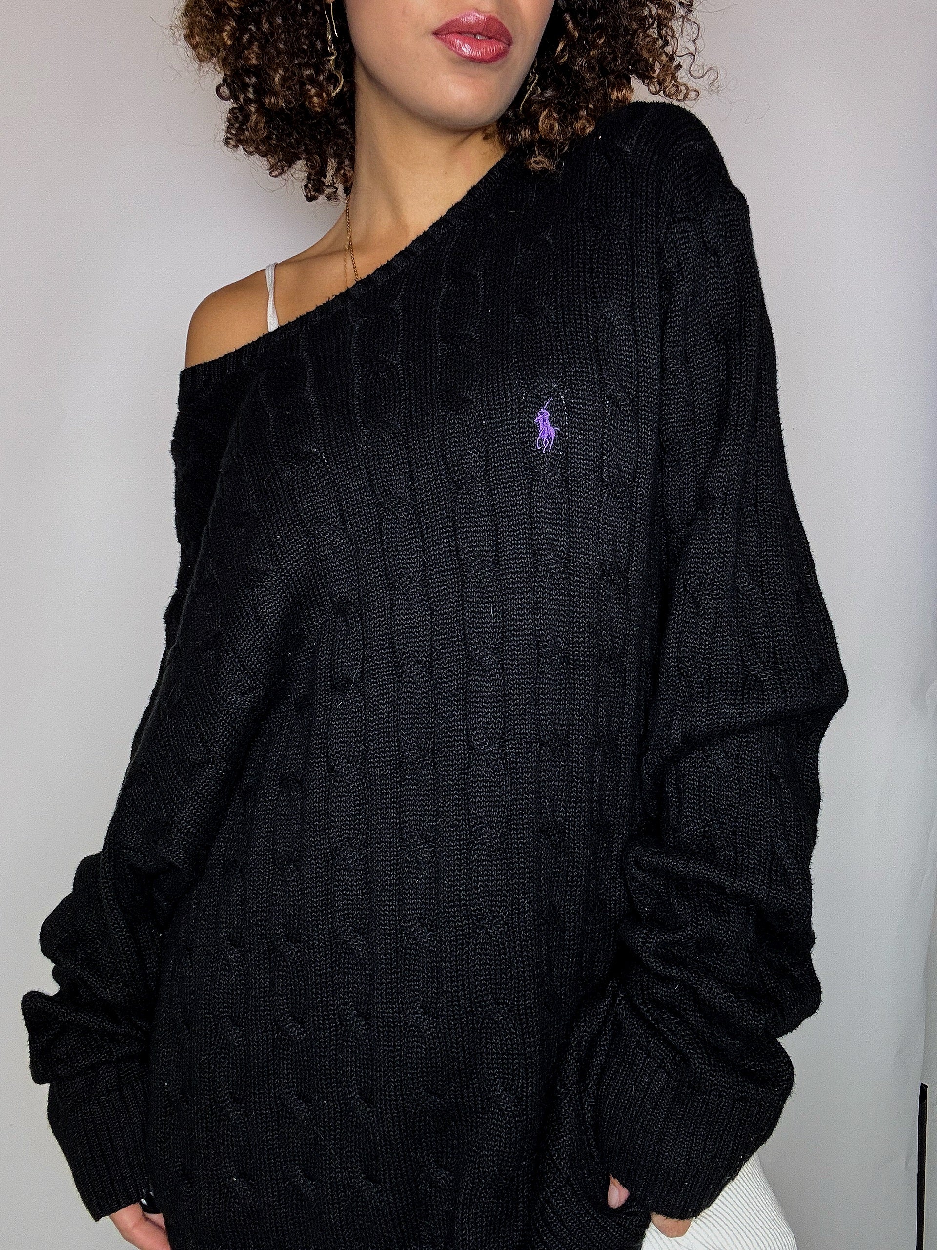 Pull tressé noir RALPH LAUREN XXL vintage