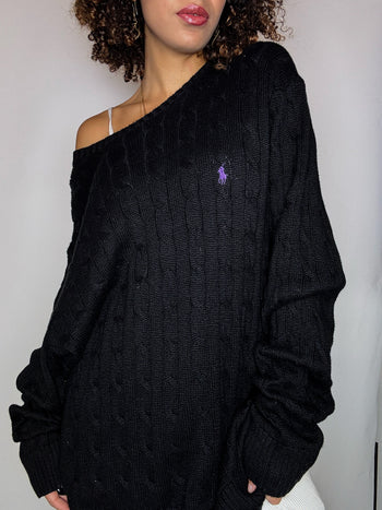 Pull tressé noir RALPH LAUREN XXL vintage