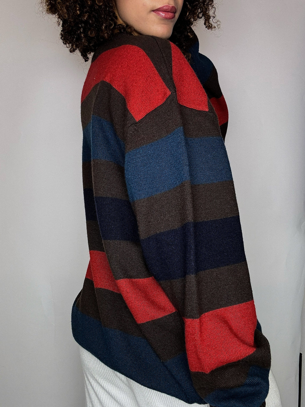 Pull rayé brun et rouge col rond LACOSTE XXL vintage