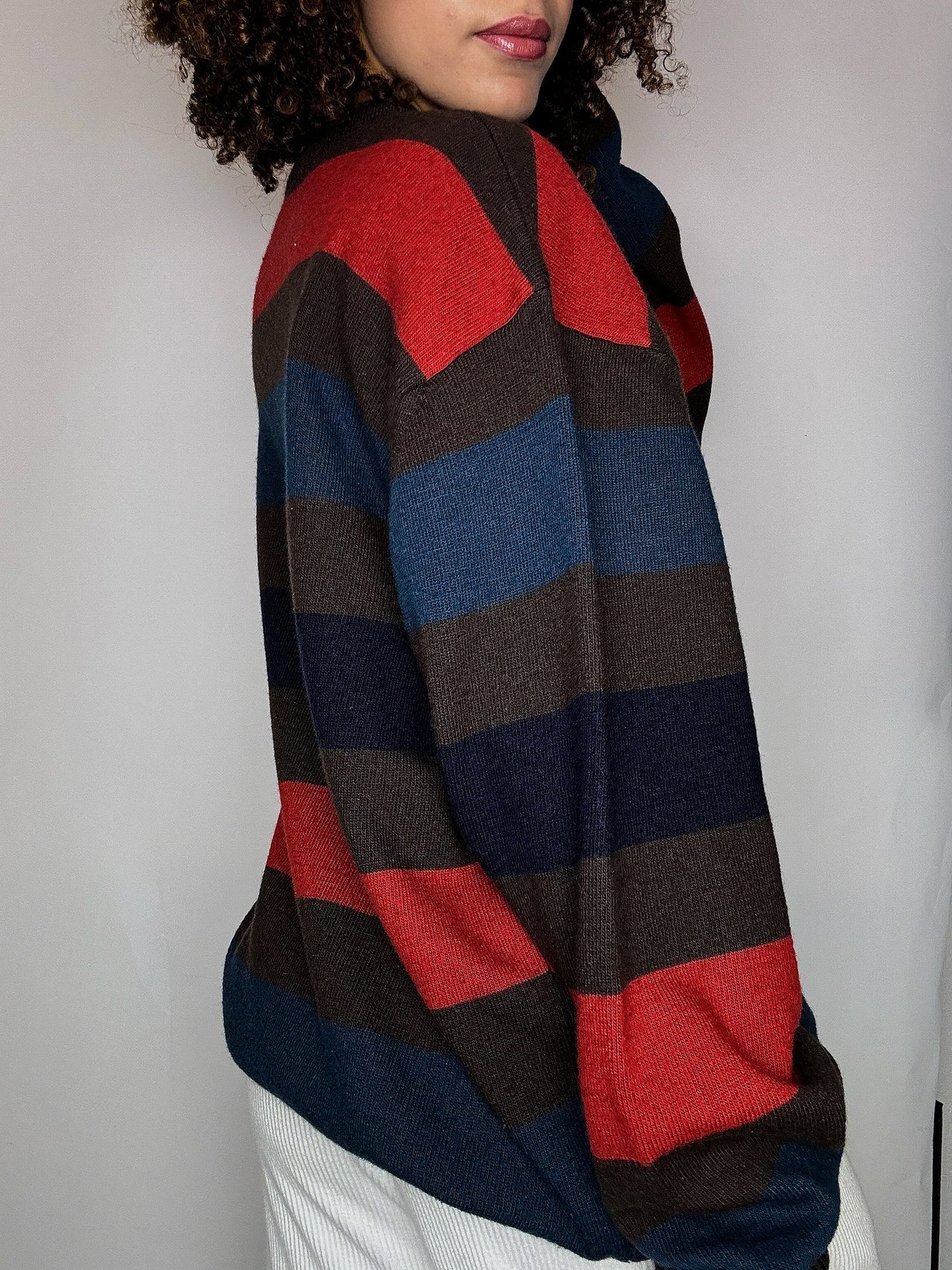 Pull rayé brun et rouge col rond LACOSTE XXL vintage