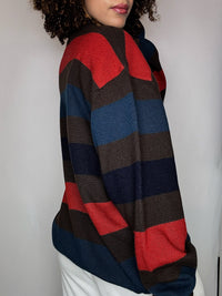 Pull rayé brun et rouge col rond LACOSTE XXL vintage
