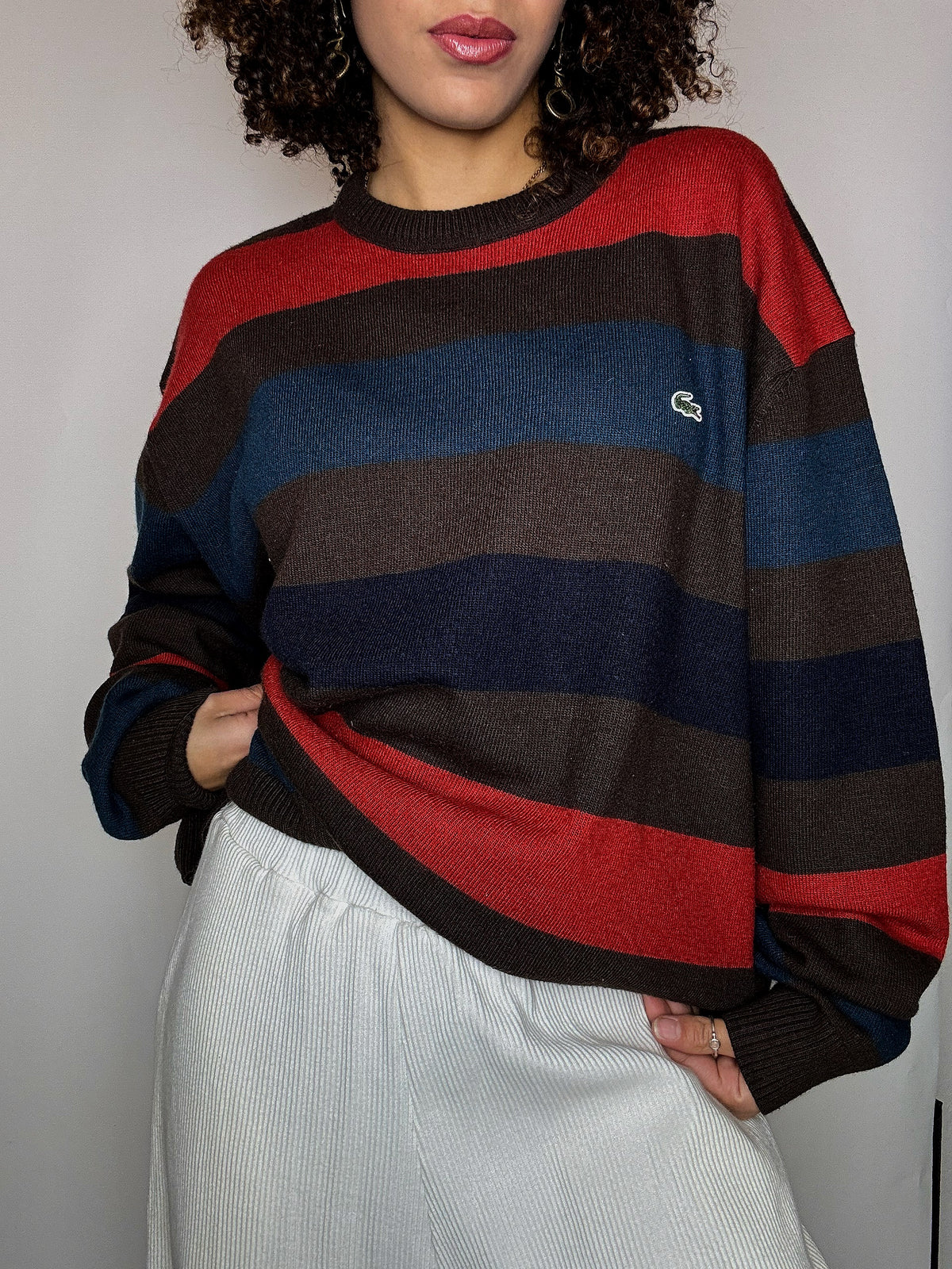 Pull rayé brun et rouge col rond LACOSTE XXL vintage