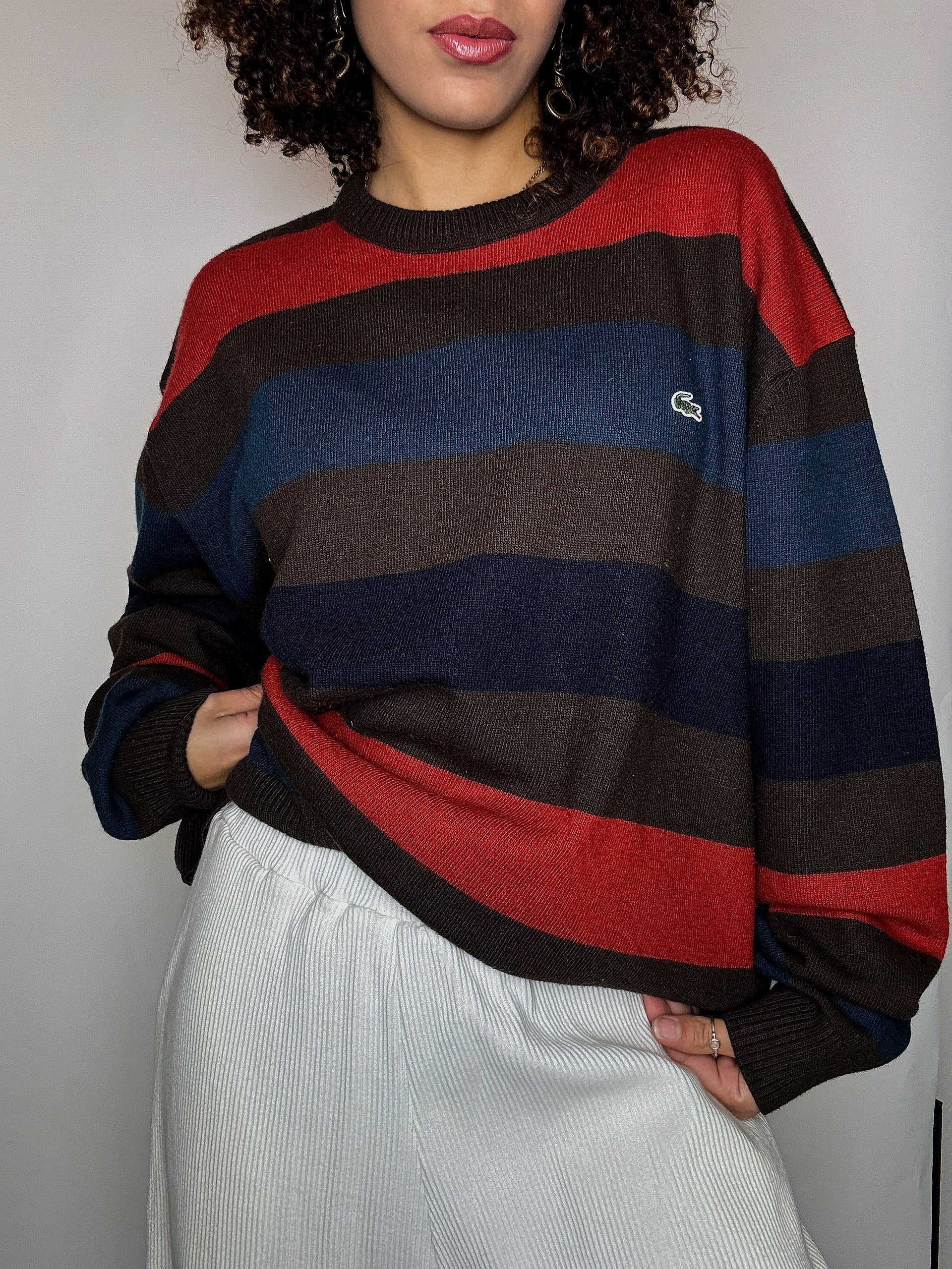 Pull rayé brun et rouge col rond LACOSTE XXL vintage