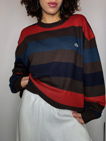 Pull rayé brun et rouge col rond LACOSTE XXL vintage