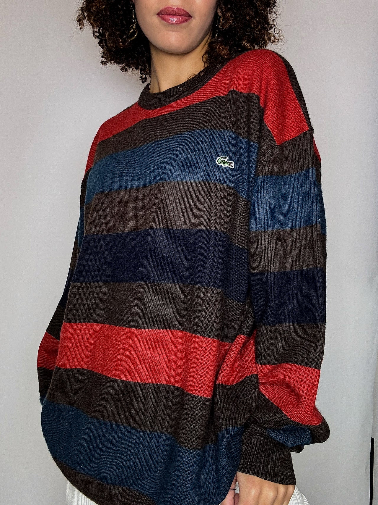 Pull rayé brun et rouge col rond LACOSTE XXL vintage