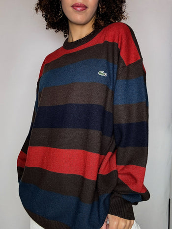 Pull rayé brun et rouge col rond LACOSTE XXL vintage