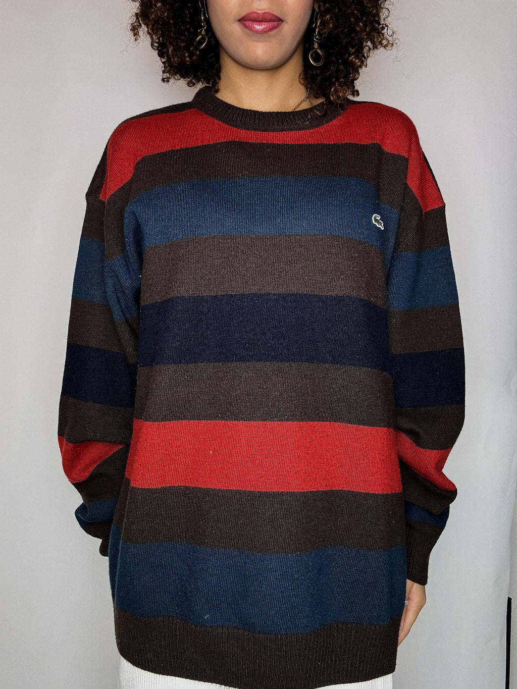 Pull rayé brun et rouge col rond LACOSTE XXL vintage