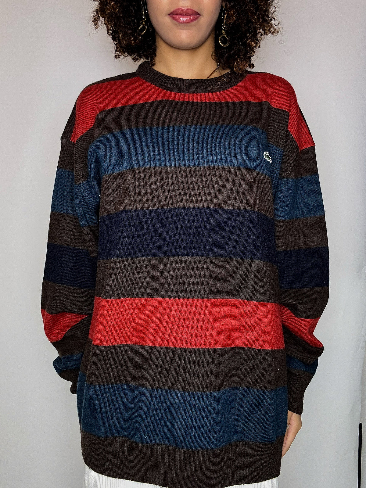 Pull rayé brun et rouge col rond LACOSTE XXL vintage