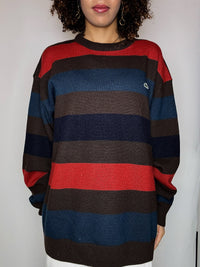 Pull rayé brun et rouge col rond LACOSTE XXL vintage