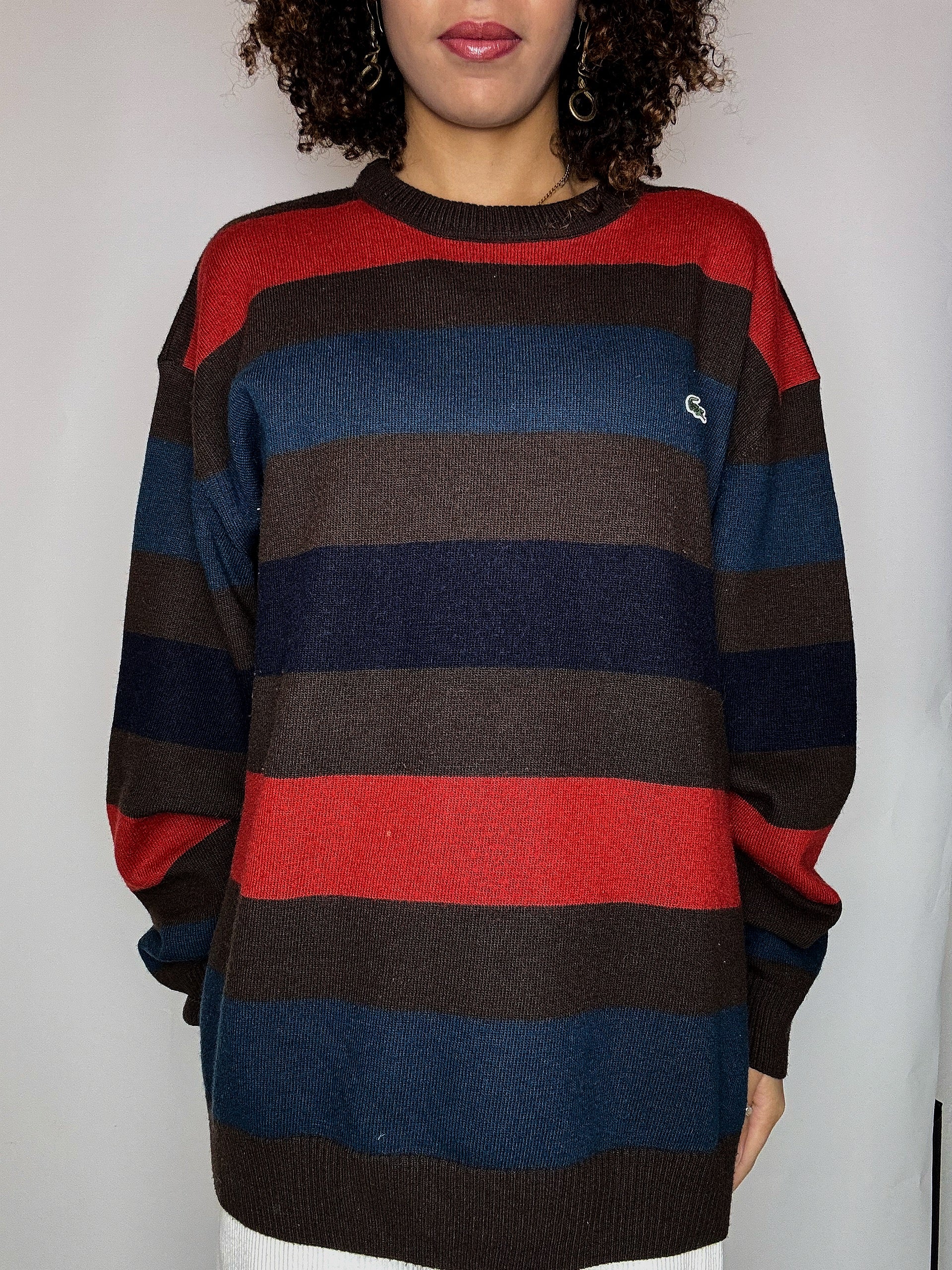 Pull rayé brun et rouge col rond LACOSTE XXL vintage