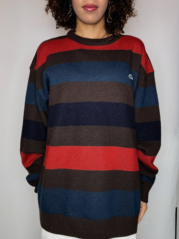 Pull rayé brun et rouge col rond LACOSTE XXL vintage