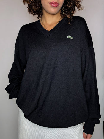 Pull en laine col V noir LACOSTE 3XL vintage