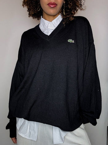 Pull en laine col V noir LACOSTE 3XL vintage