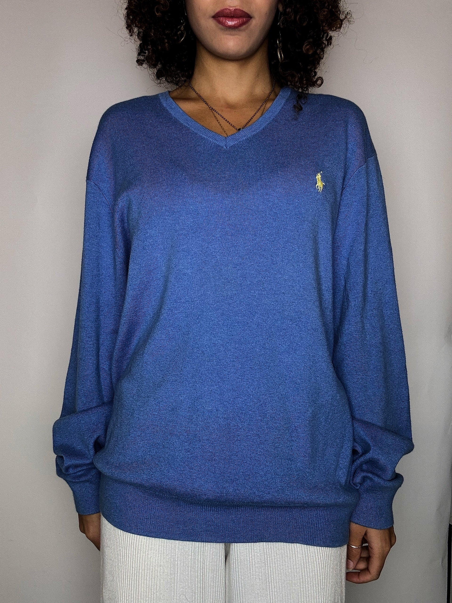 Vintage RALPH LAUREN M blauer V-Ausschnitt-Pullover