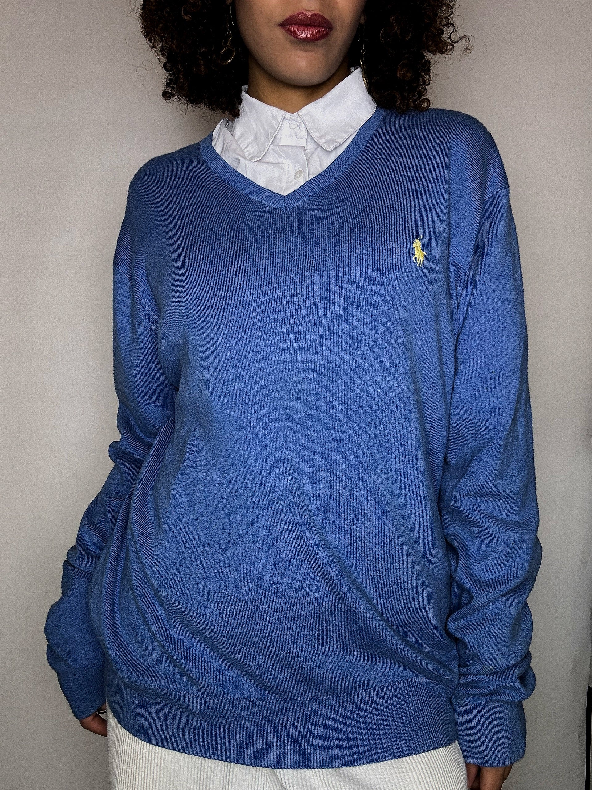 Vintage RALPH LAUREN M blauer V-Ausschnitt-Pullover