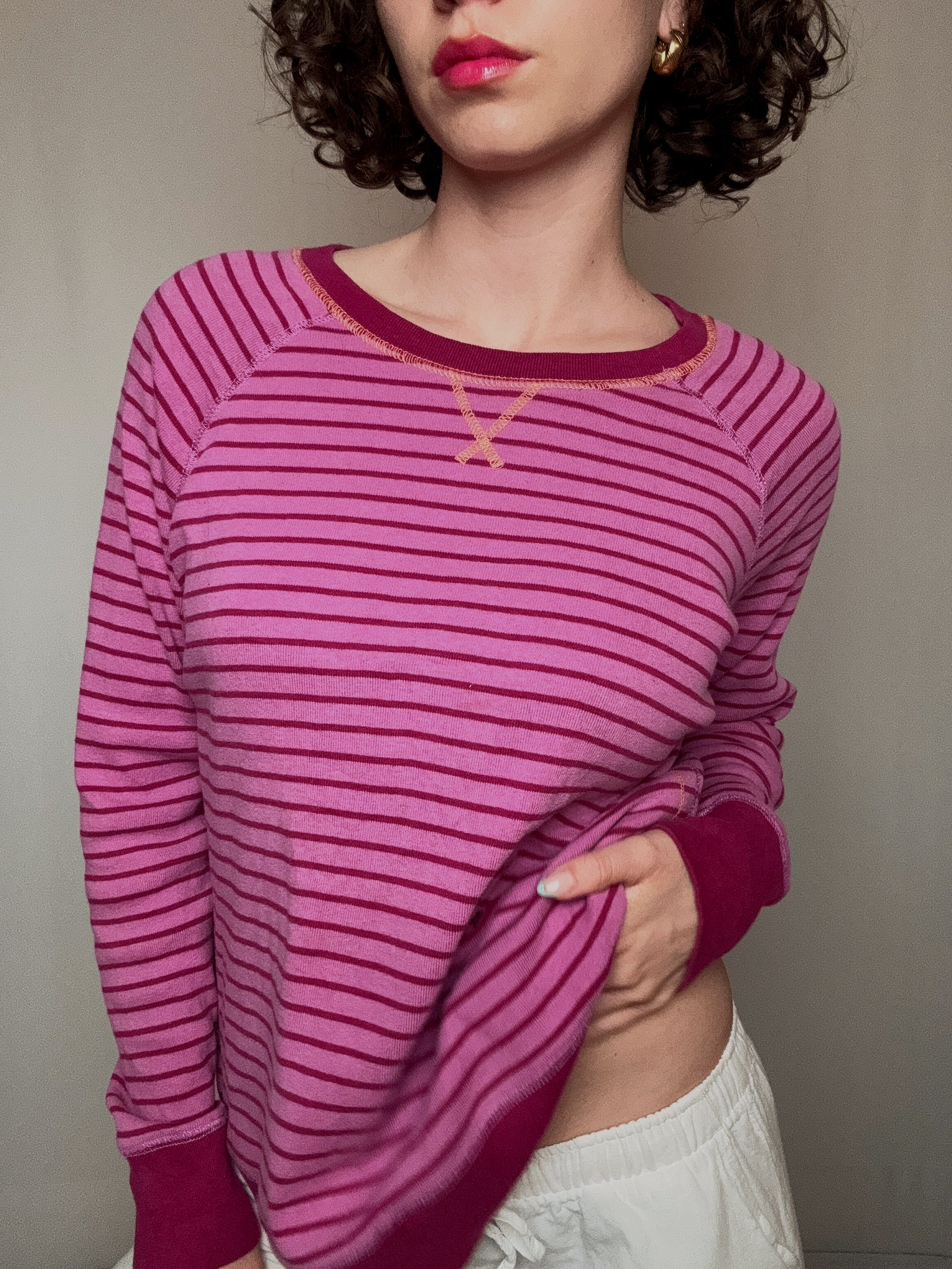 Sweat rose à rayure L vintage