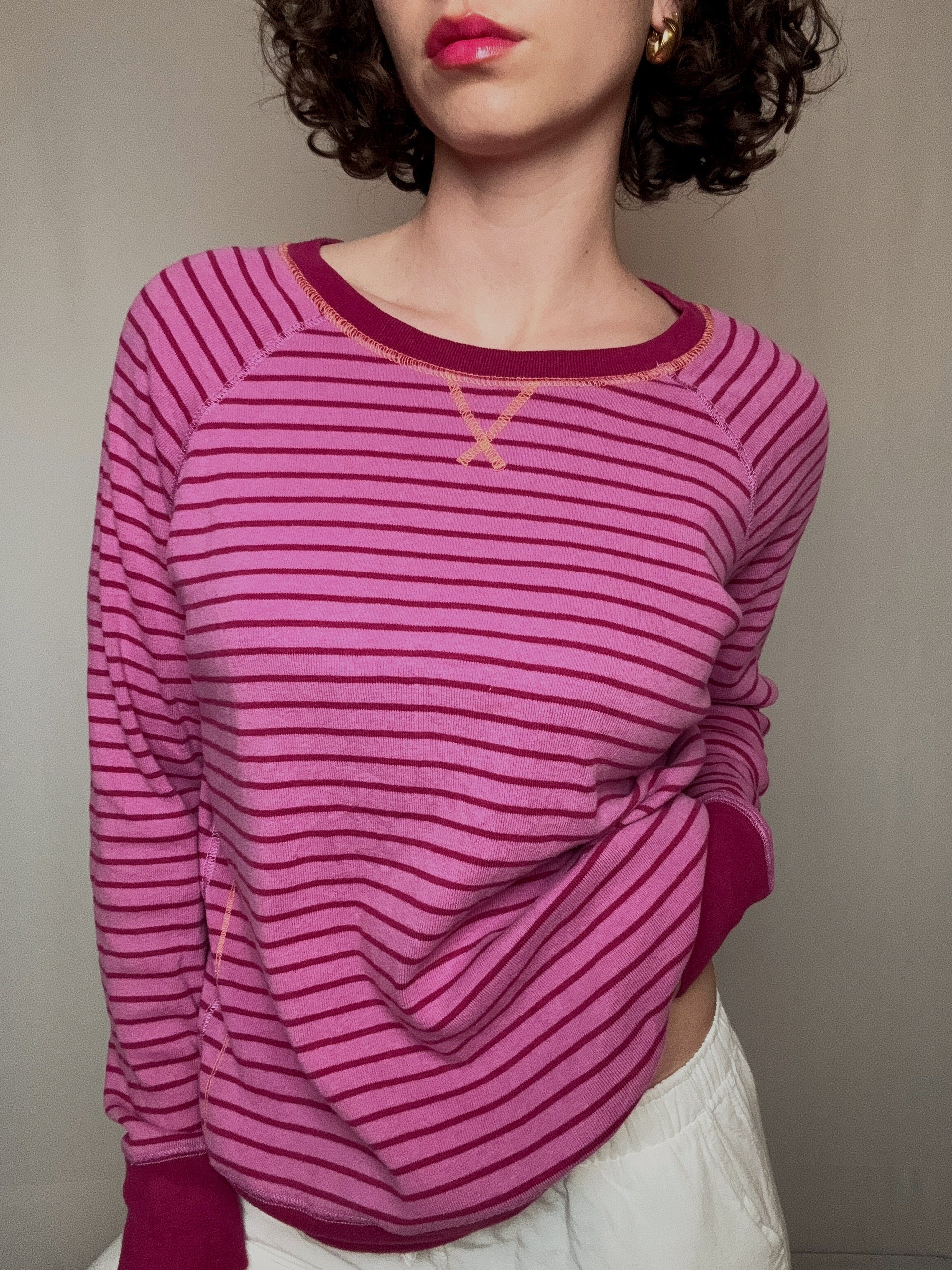 Sweat rose à rayure L vintage