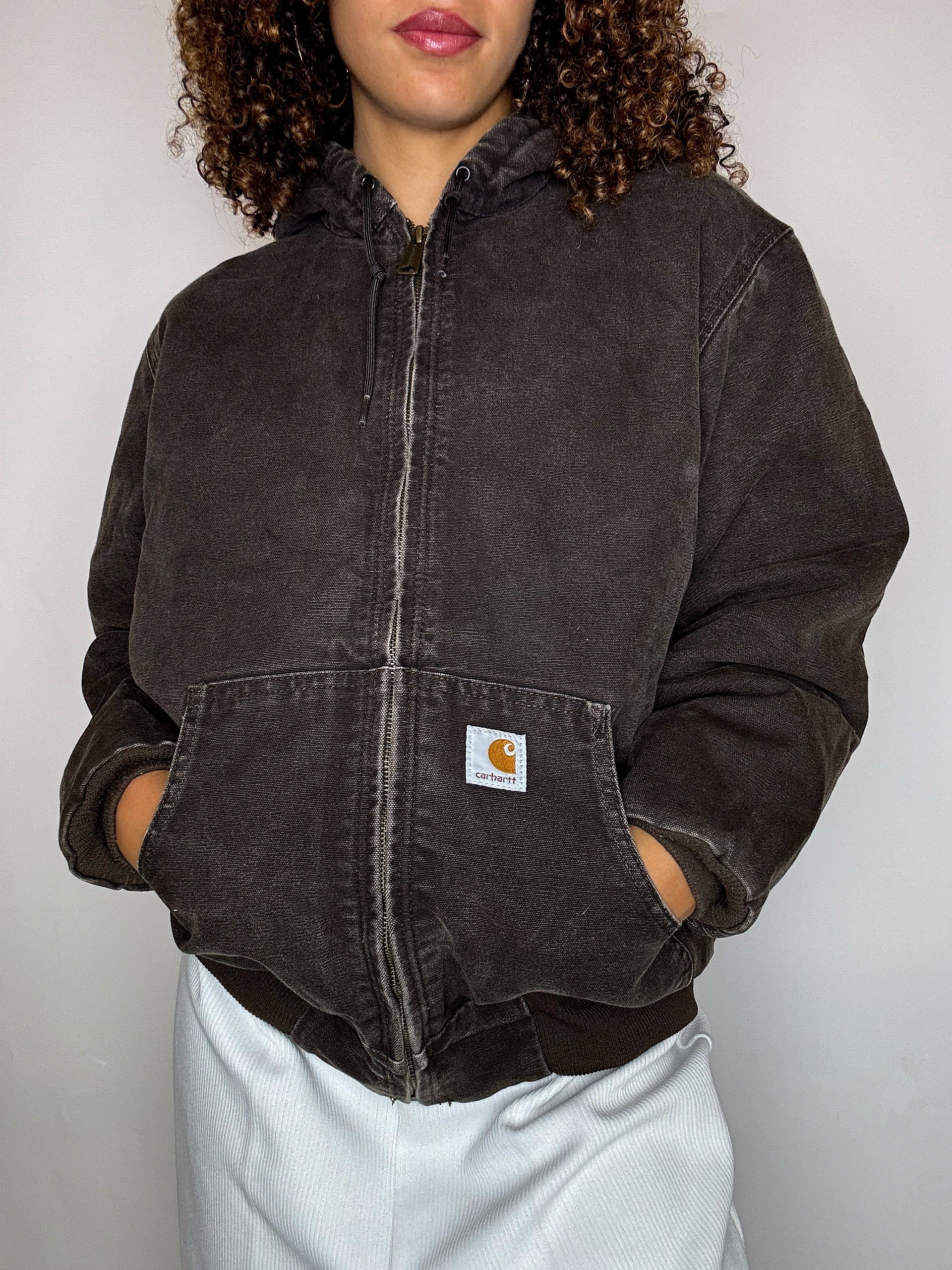CARHARTT Vintage-Jacke mit braunem Futter und Kapuze, Größe S