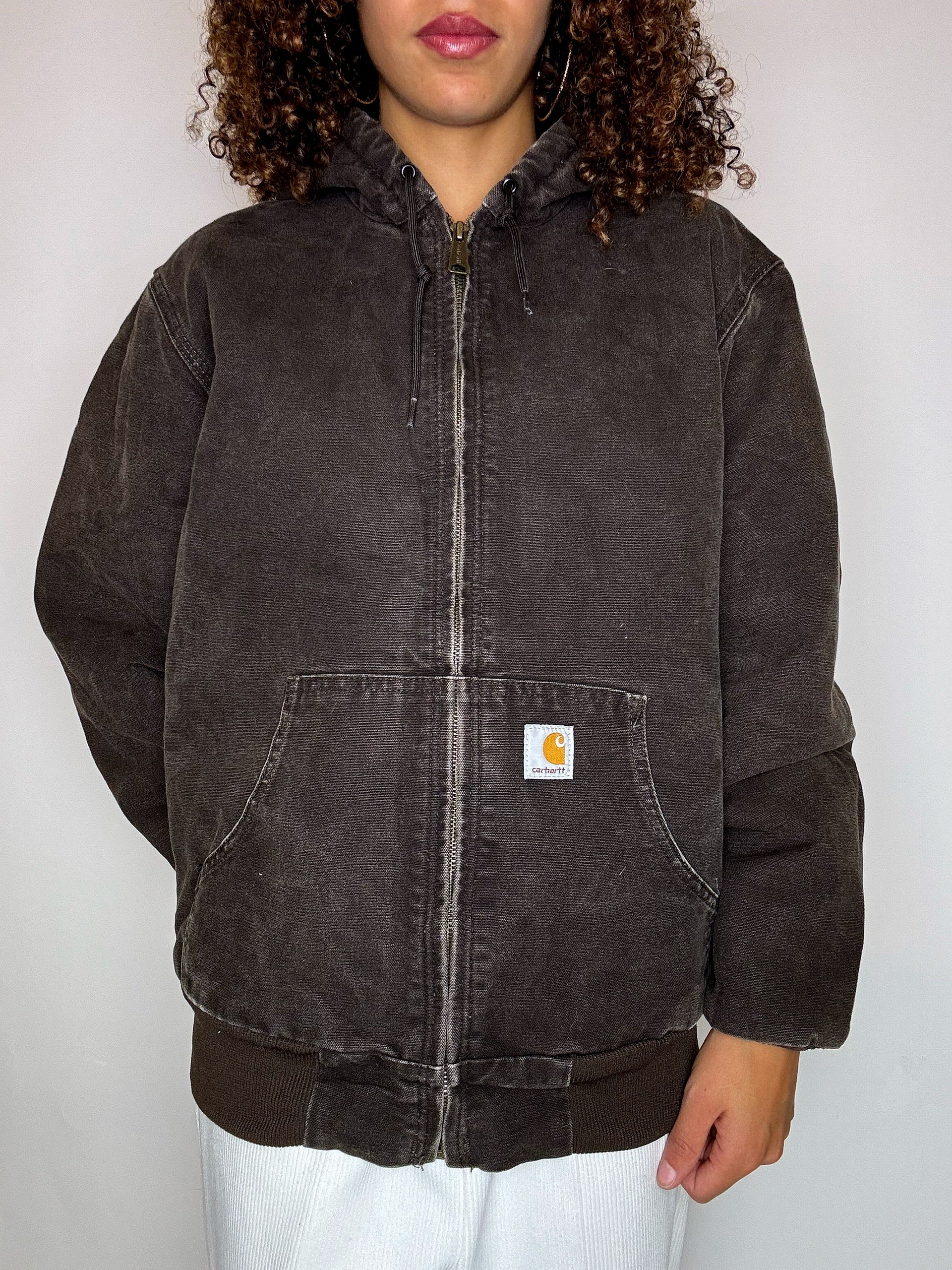 CARHARTT Vintage-Jacke mit braunem Futter und Kapuze, Größe S