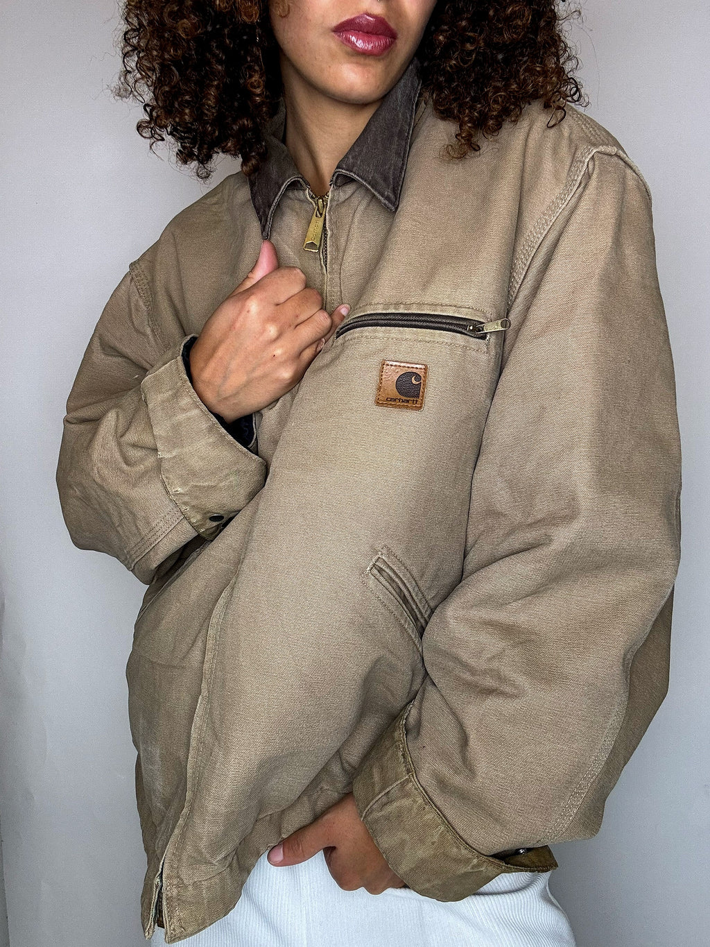 Beige lined jacket with brown collar CARHARTT L vintage