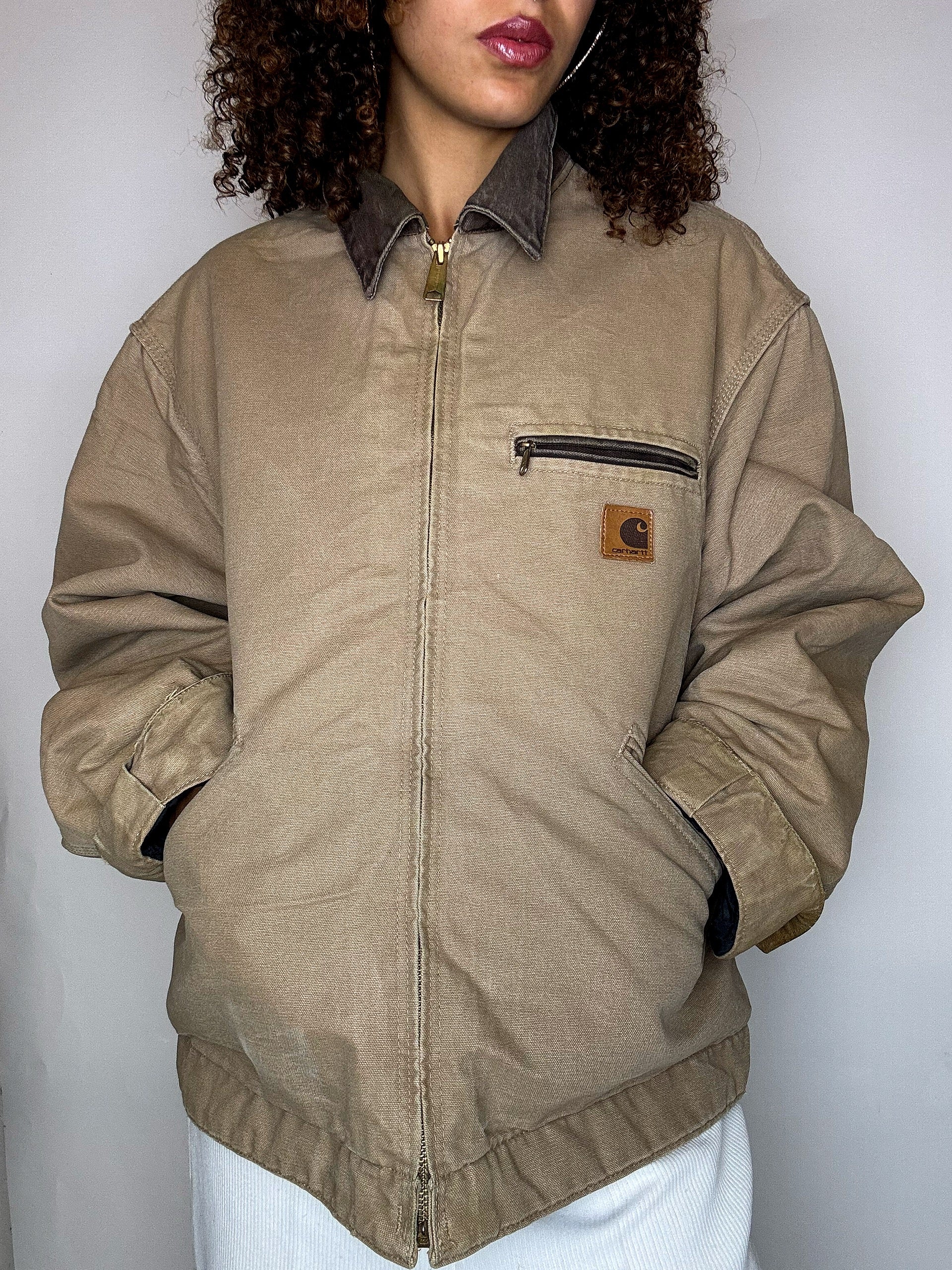 Beige lined jacket with brown collar CARHARTT L vintage